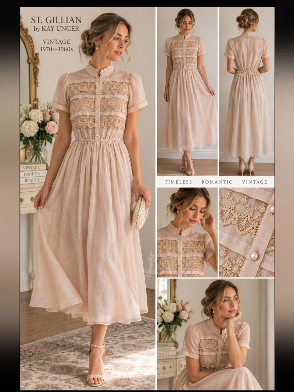 Vintage St. Gillian by Kay Unger Dress | 1970s Romantic Lace Dress | Sheer Blush